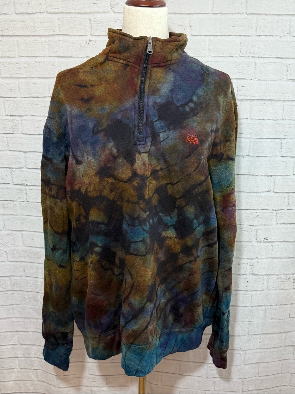 Upcycled Ice Dye Men’s Fleece Pullover, Chaps Brand, Reverse Tie Dye, Large Blue